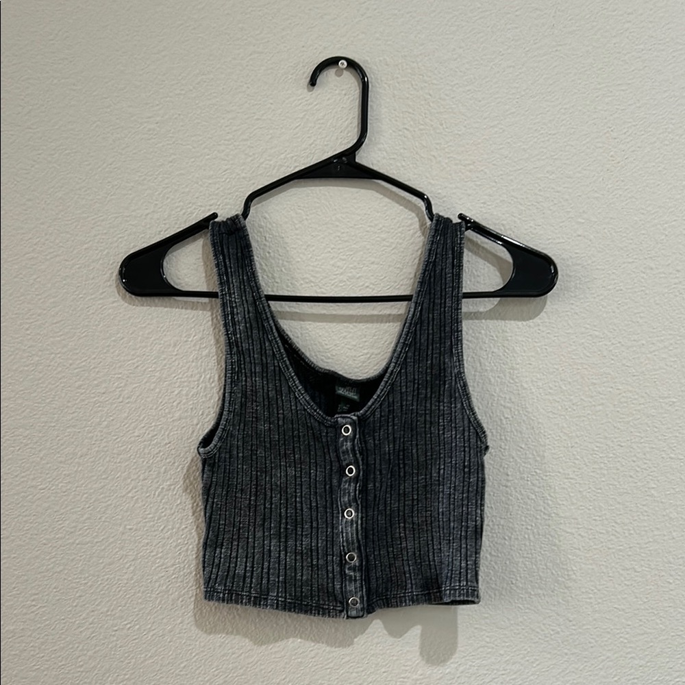 Women's Black Ribbed Button-Up Crop Top